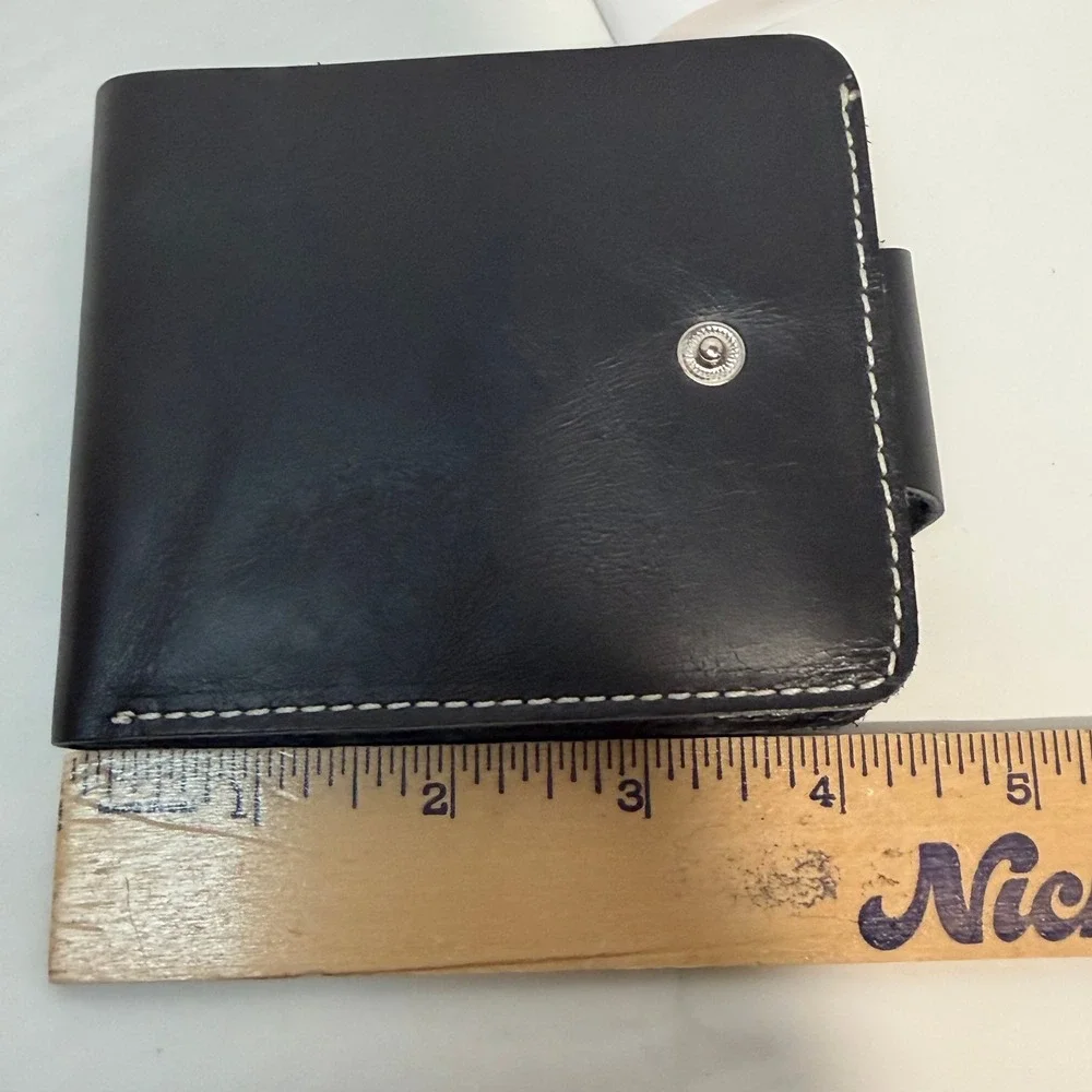 Genuine Black Leather Bifold Wallet with Coin Pocket Snap Closure Made in Turkey
